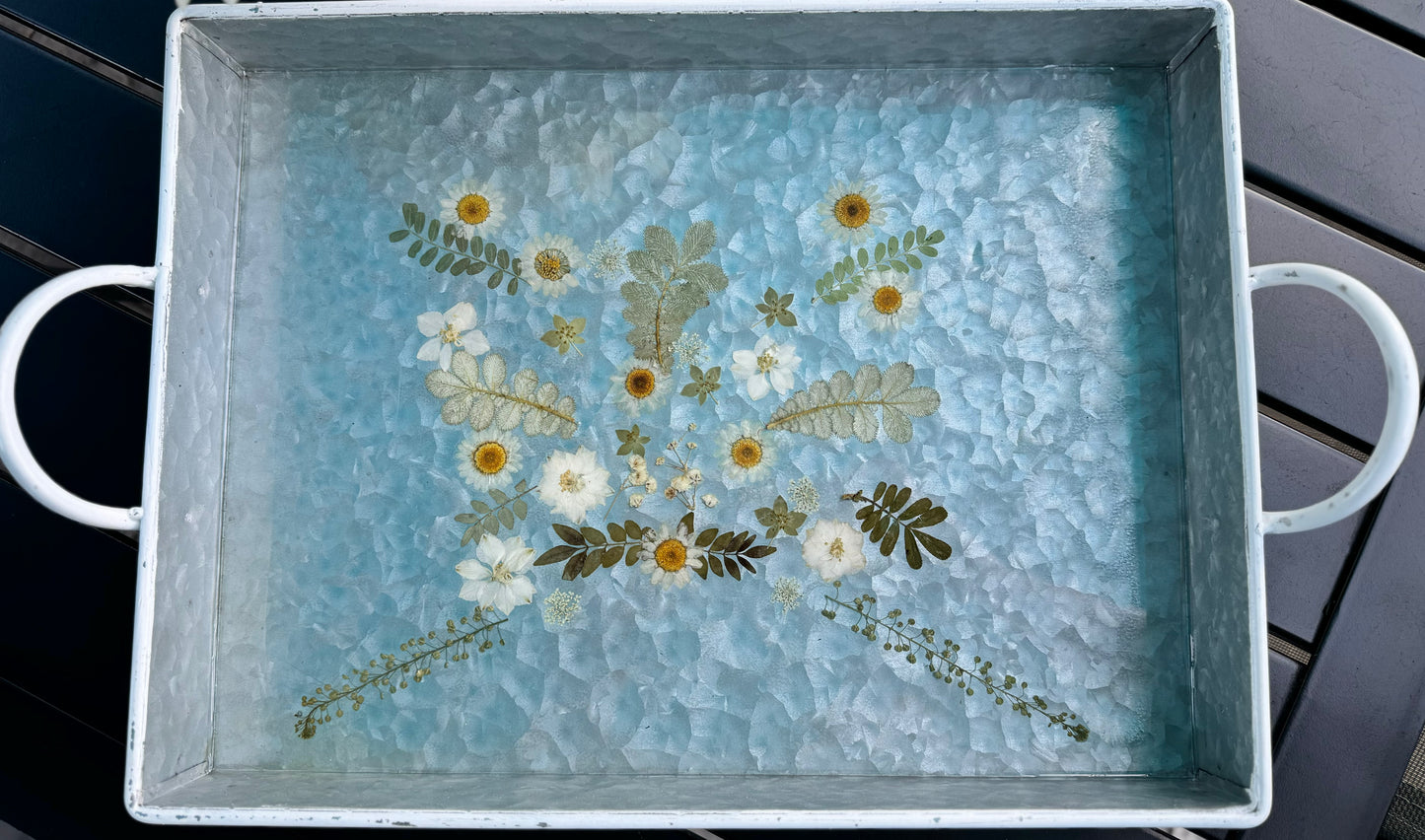Stainless Floral Serving Tray - Handcrafted