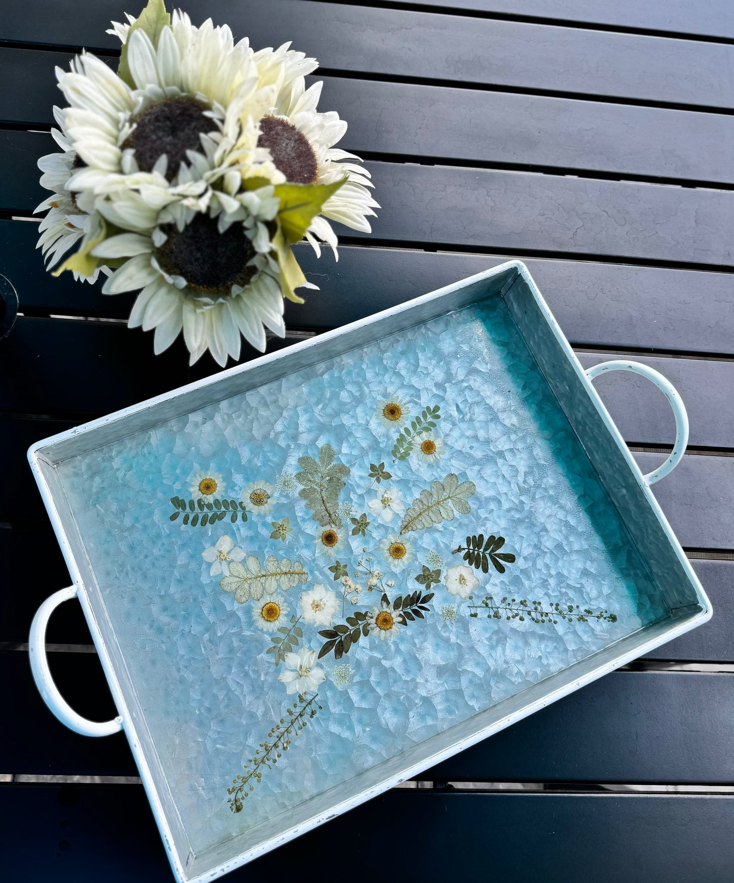Stainless Floral Serving Tray - Handcrafted