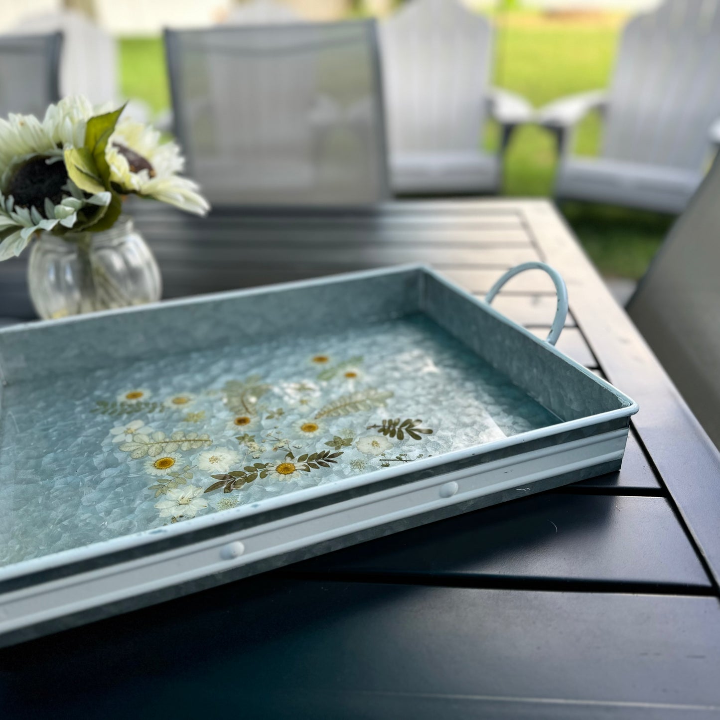 Stainless Floral Serving Tray - Handcrafted